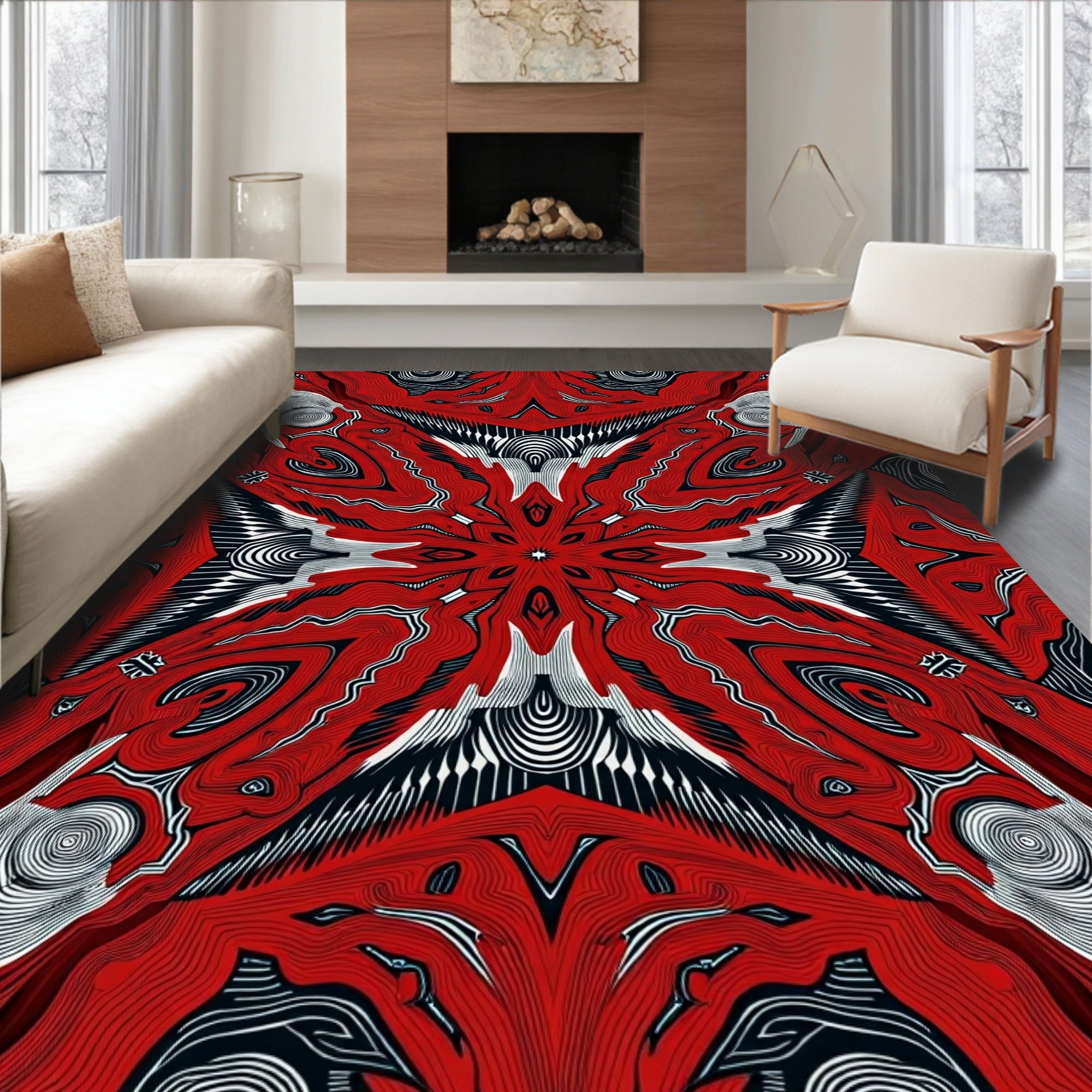 Bold Red Abstract Organic Symmetry Rug