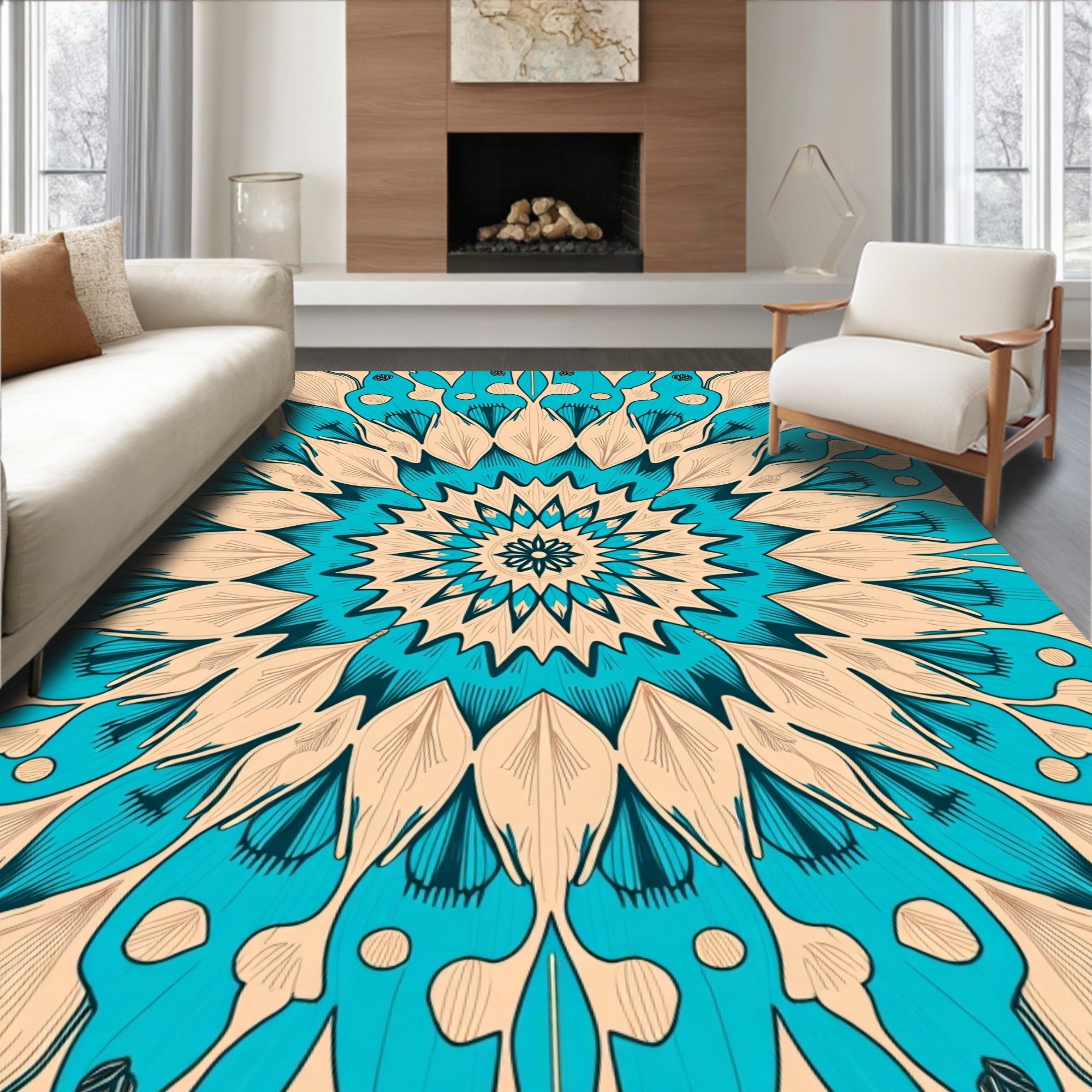 Turquoise Beige Radial Sunburst Medallion Rug