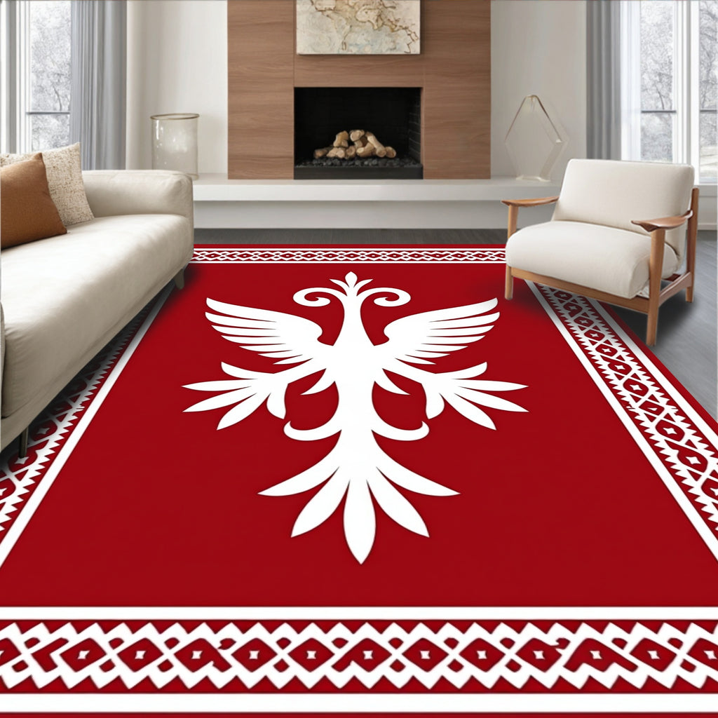 Crimson White Eagle Geometric Border Rug