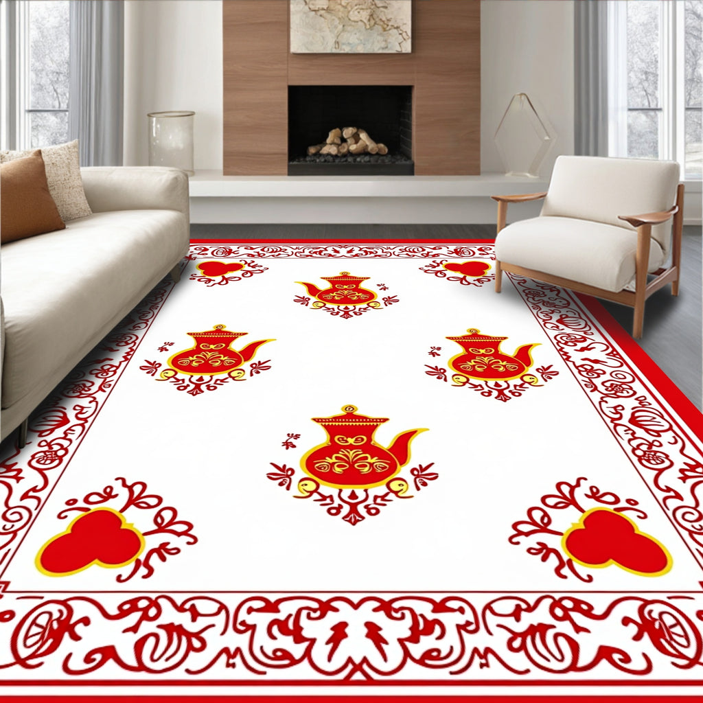 Red Teapot Medallion Border Rug