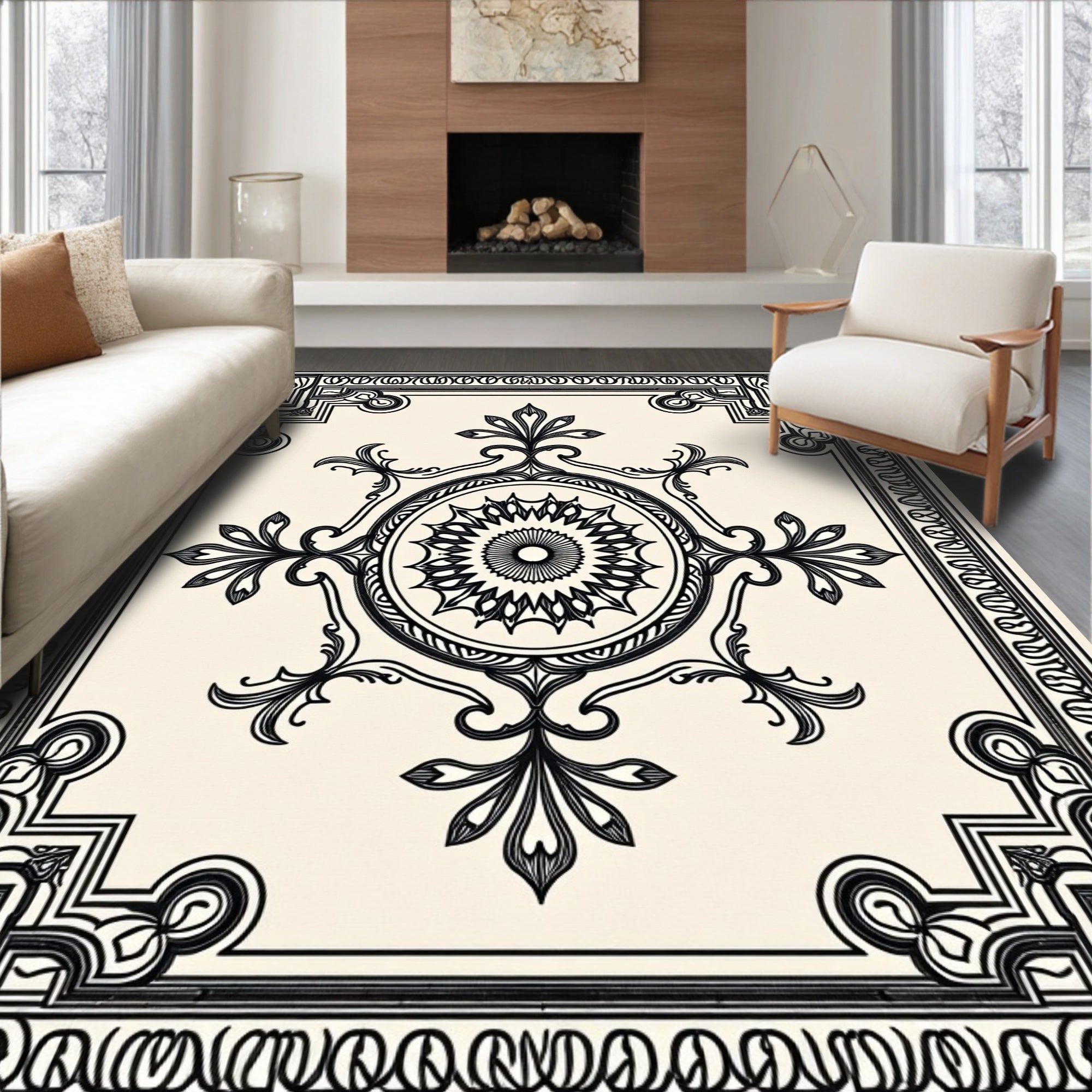 Monochromatic Floral Scroll Medallion Rug