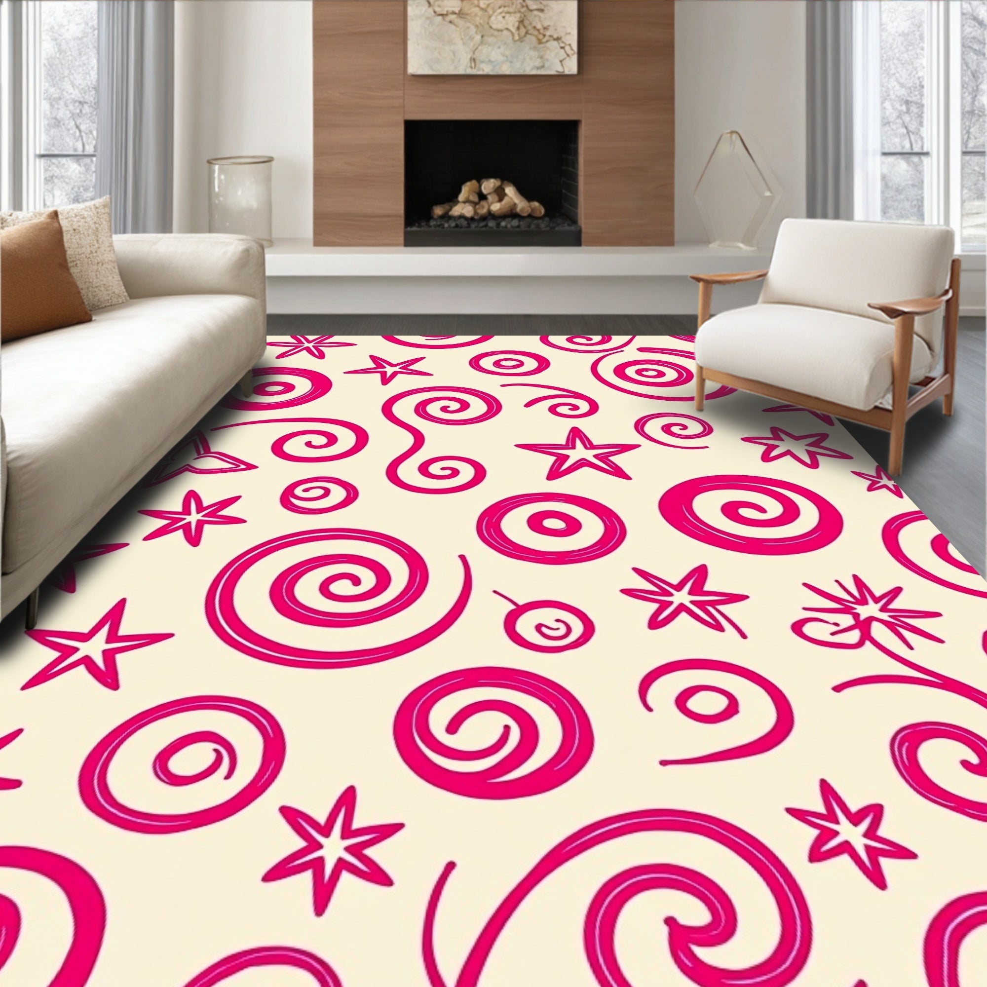 Vibrant Fuchsia Swirl And Star Rug