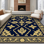 Navy Gold Rococo Floral Garden Rug