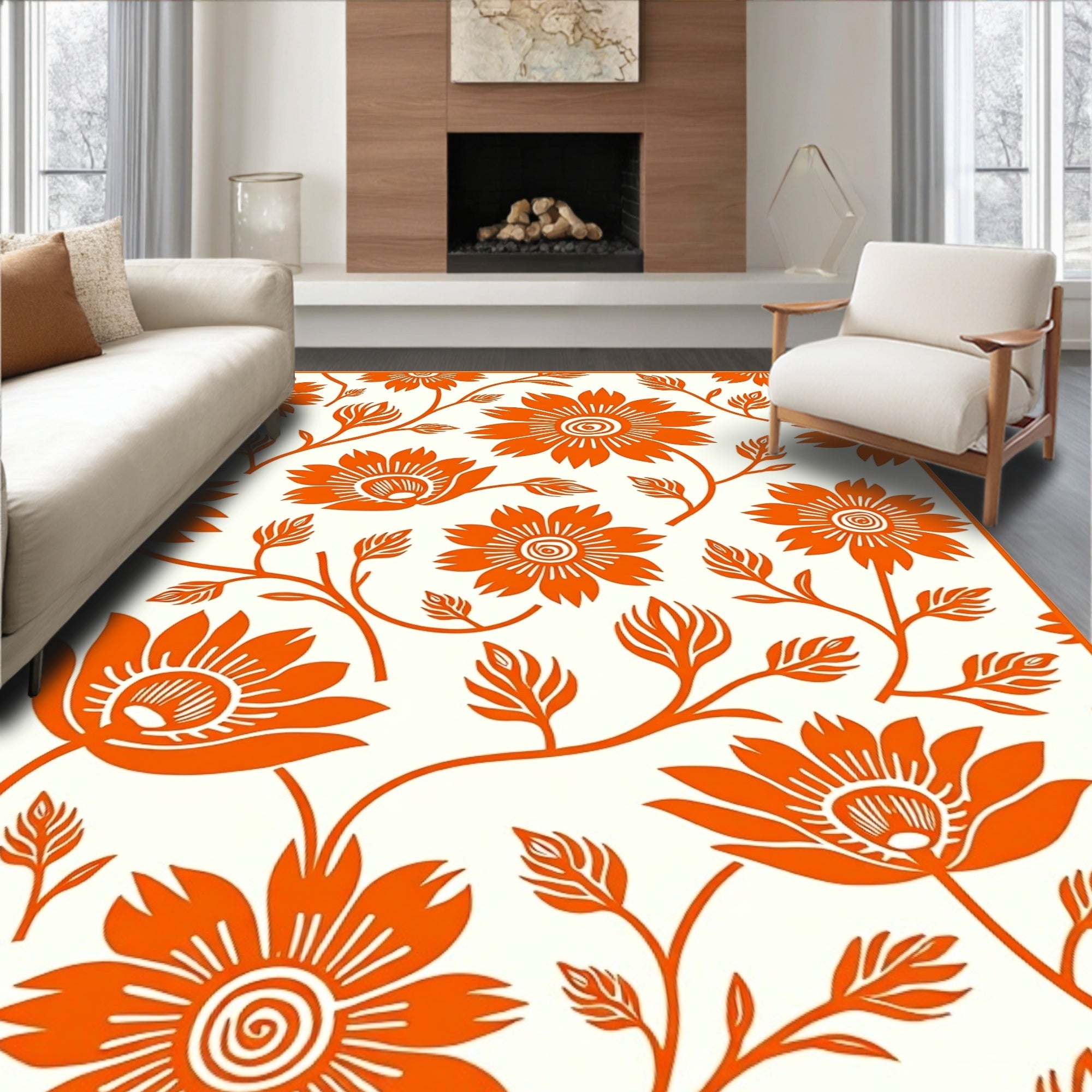 Vibrant Orange Floral Vine Rug