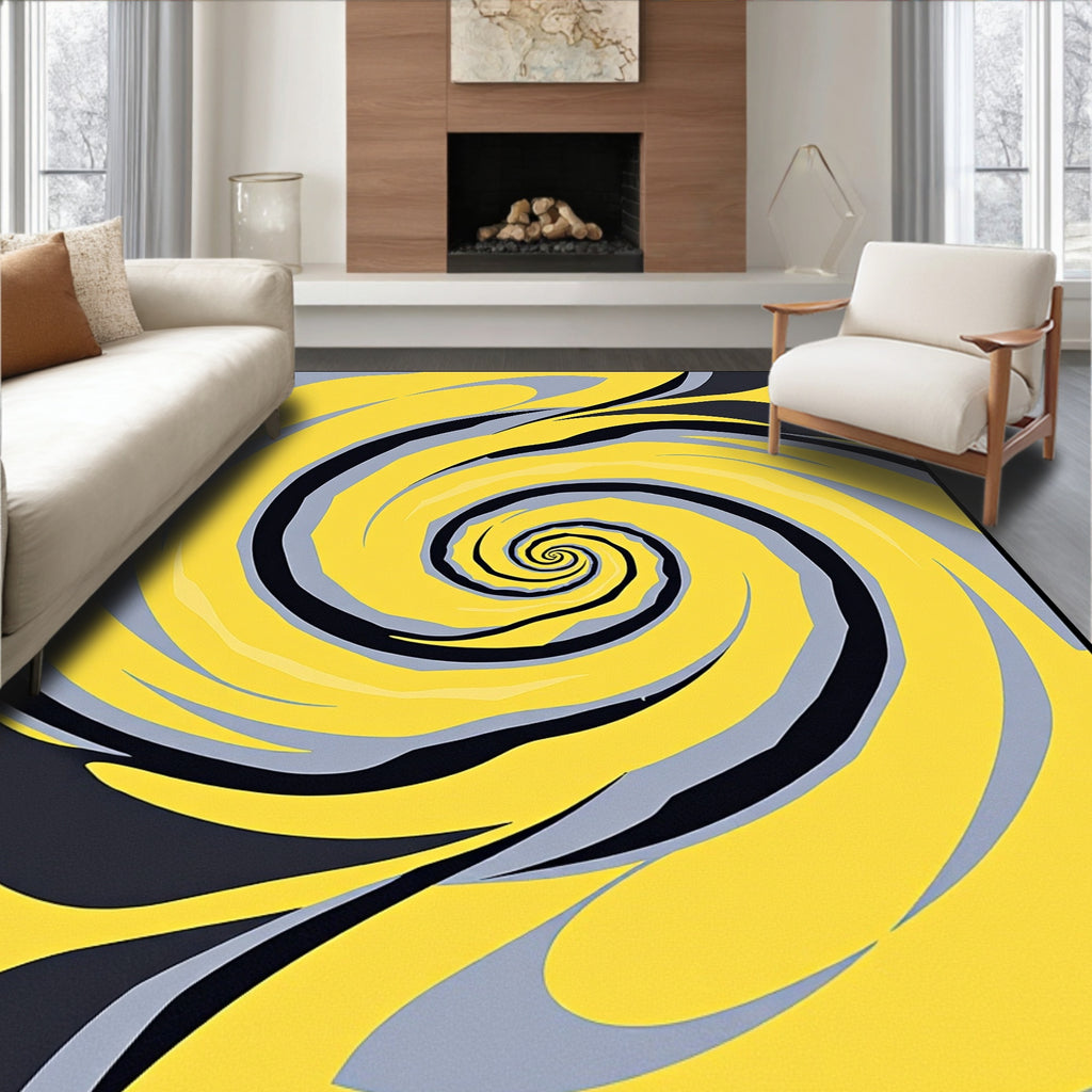 Vibrant Yellow Gray Swirl Abstraction Rug