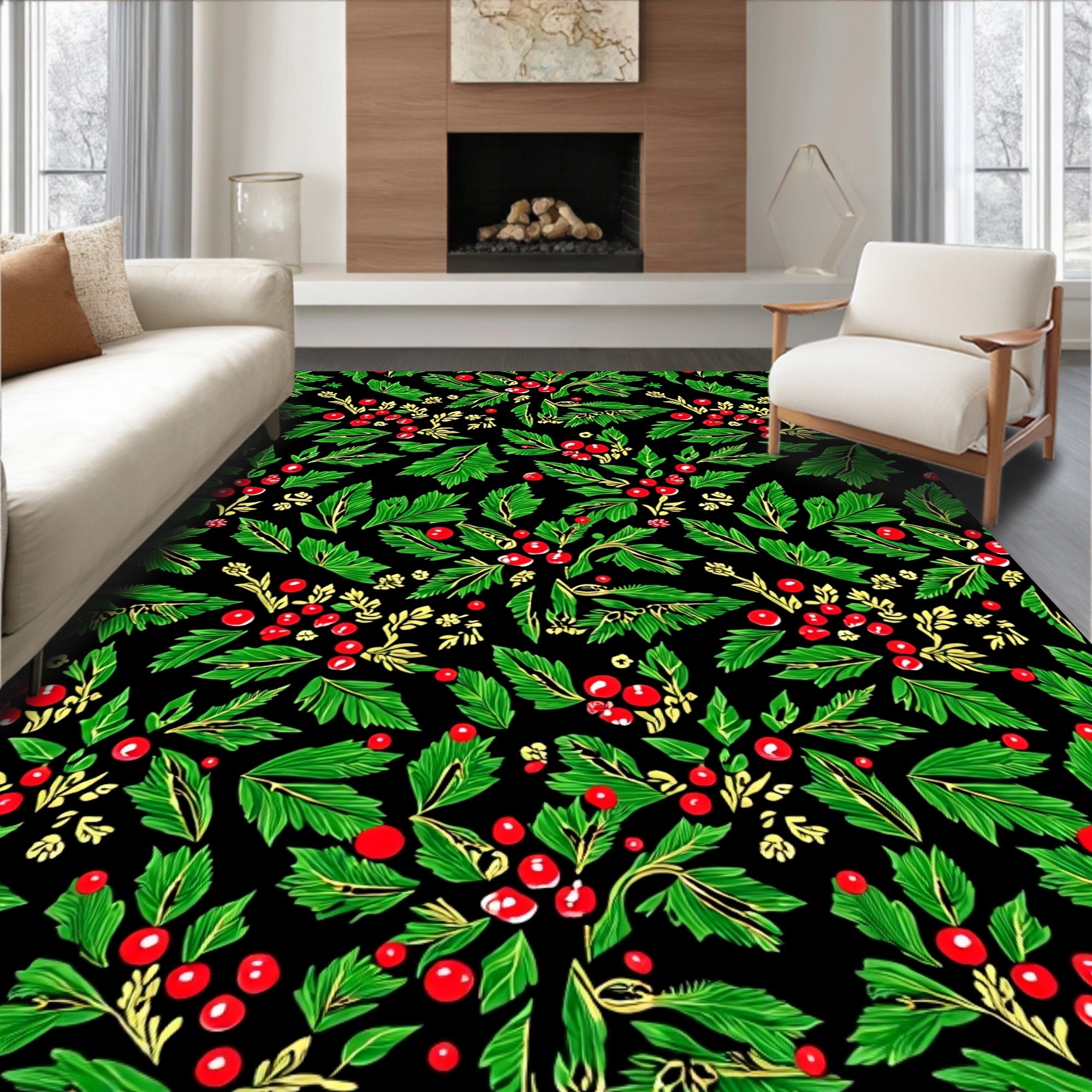 Vintage Red Berry Green Leaf Foliage Rug