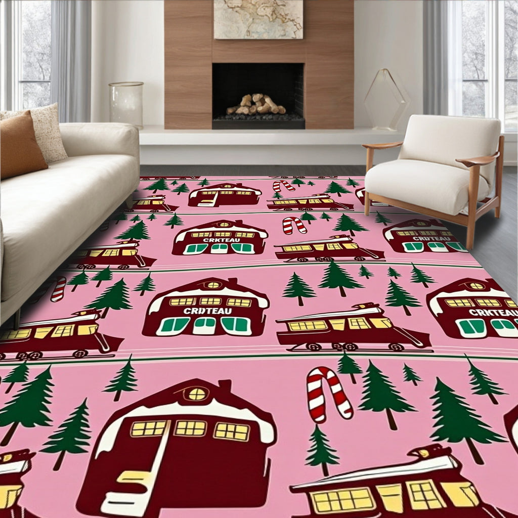 Festive Train Candy Cane Christmas Village Rug