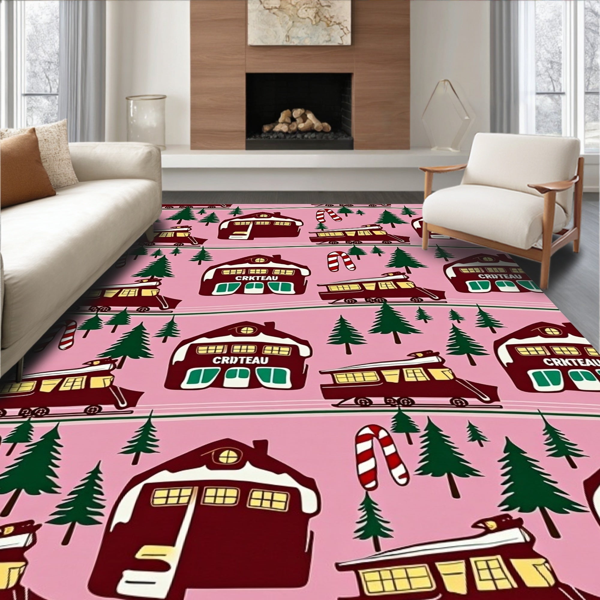 Festive Train Candy Cane Christmas Village Rug