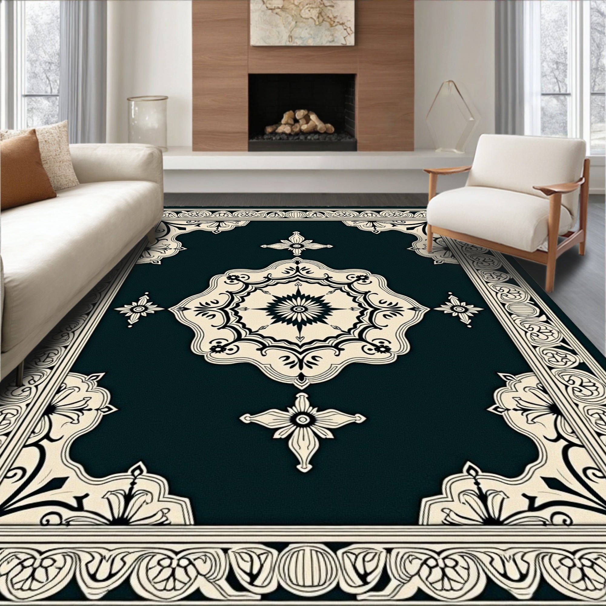 Dark Teal Cream Medallion Frame Rug