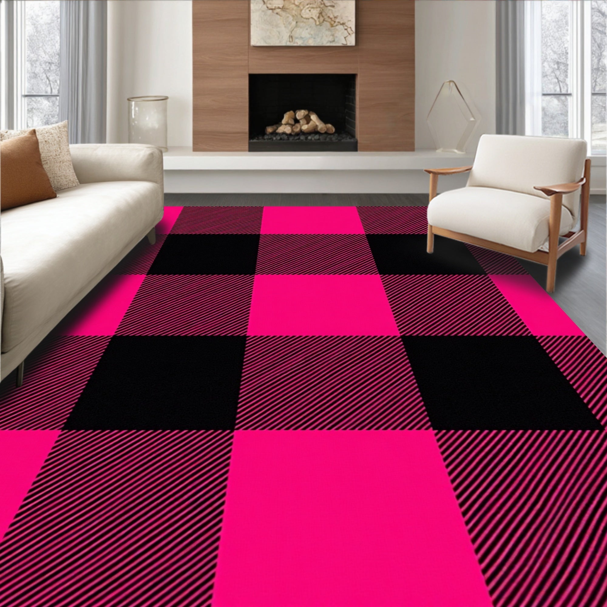 Vibrant Pink Black Buffalo Check Rug