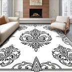 Black White Ornate Floral Crest Rug