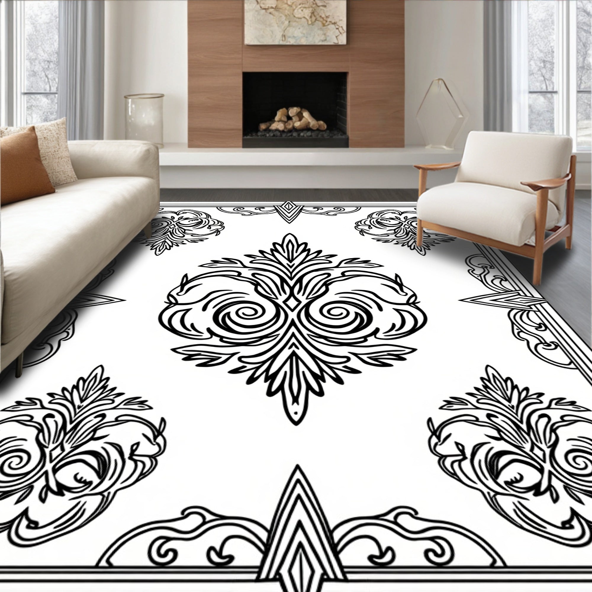 Black White Ornate Floral Crest Rug
