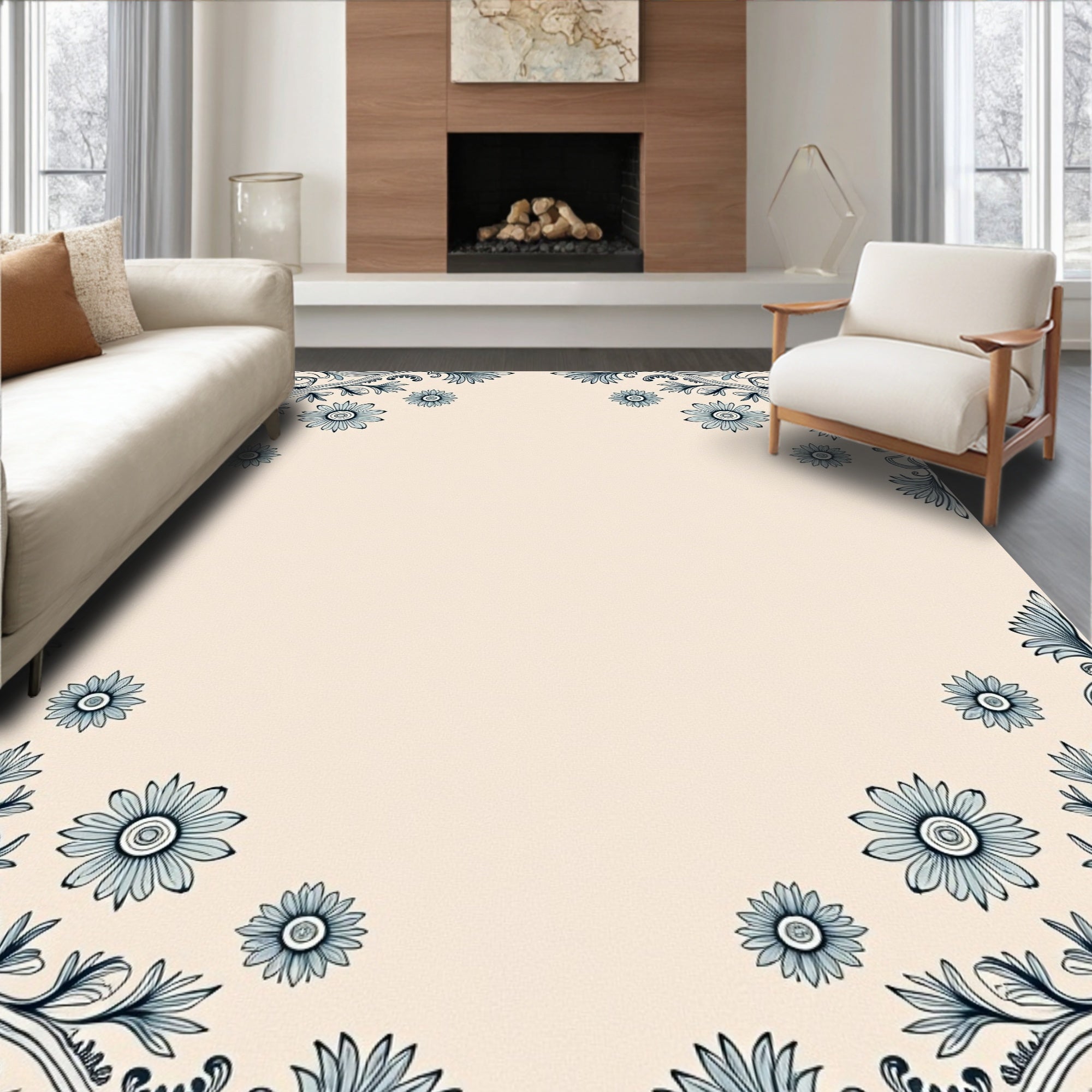 Pale Blue Floral Swirl Border Rug