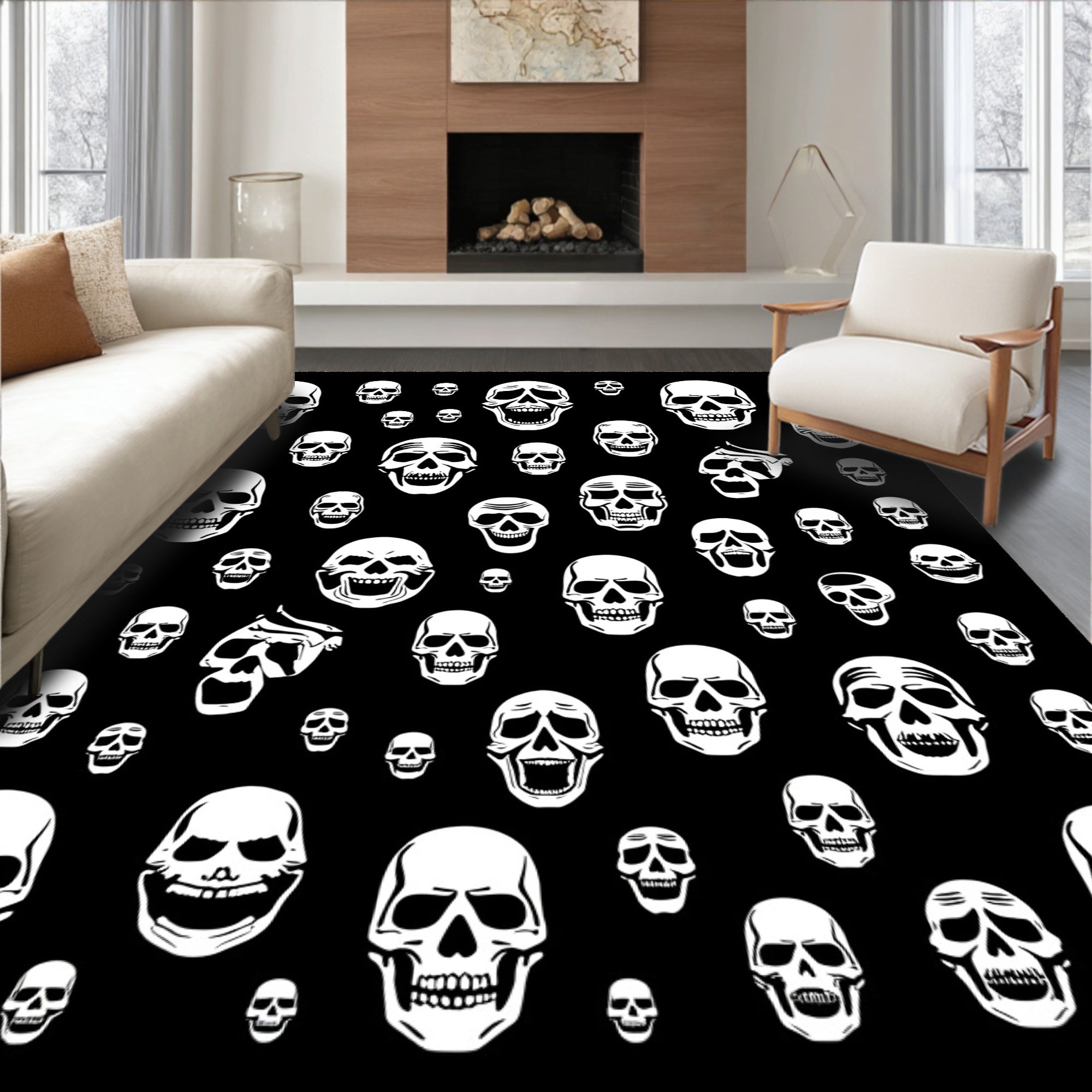 White Skulls Scattered Black Background Rug
