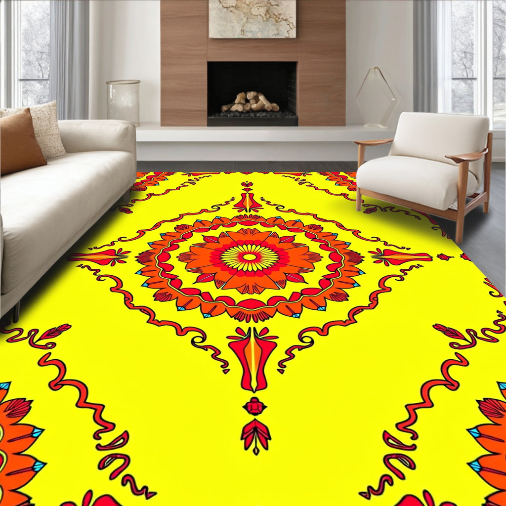 Vibrant Yellow Red Floral Mandala Rug