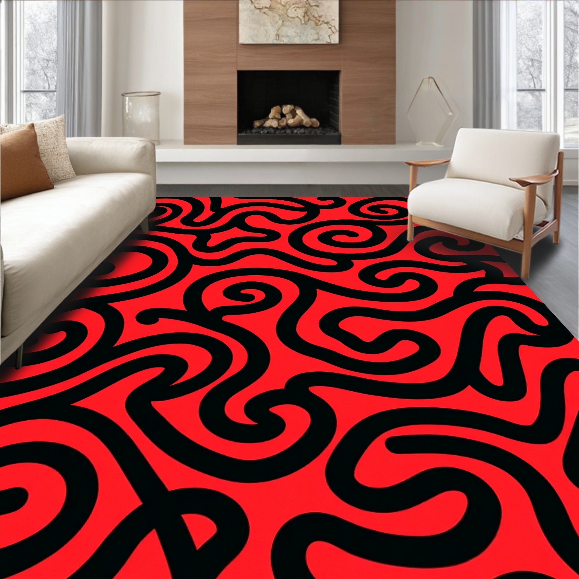 Bold Crimson Wavy Abstract Rug