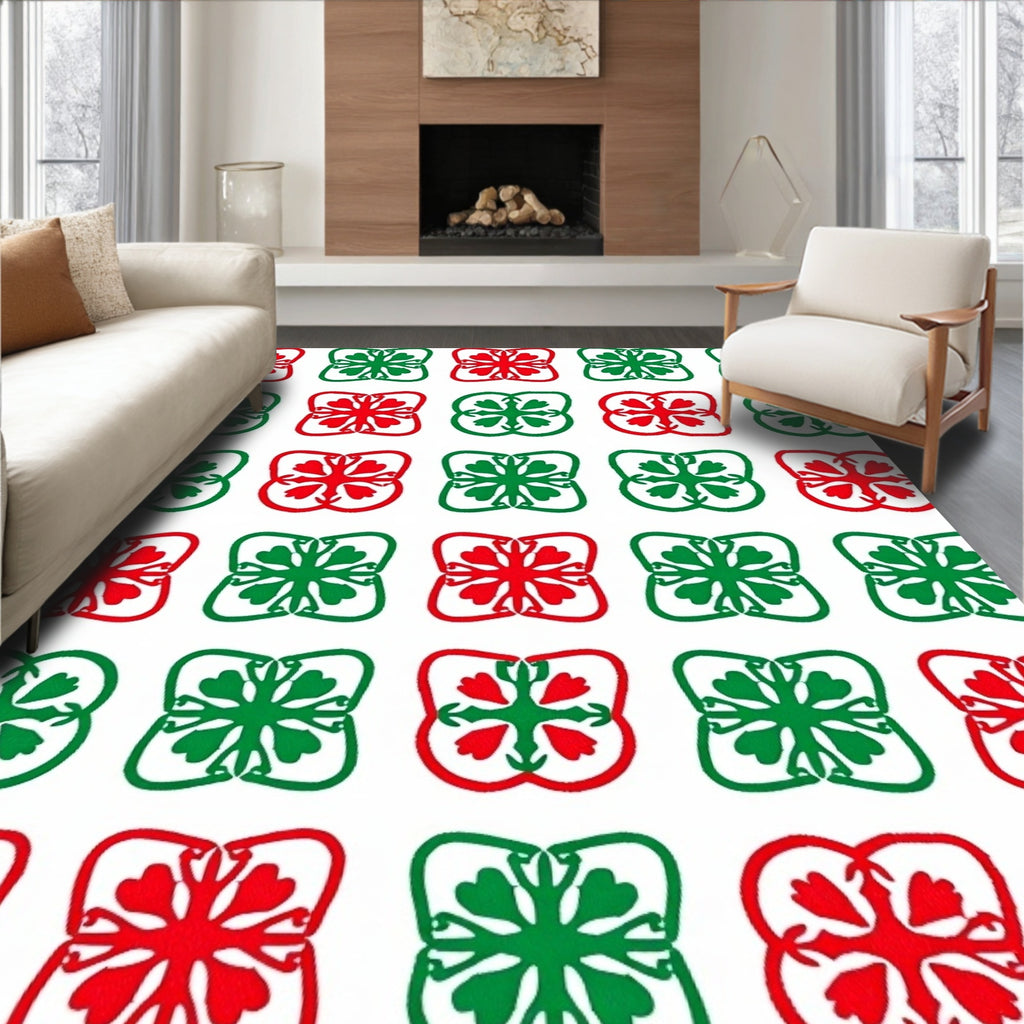 Classic Red Green Floral Squares Rug