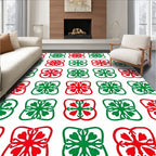 Classic Red Green Floral Squares Rug