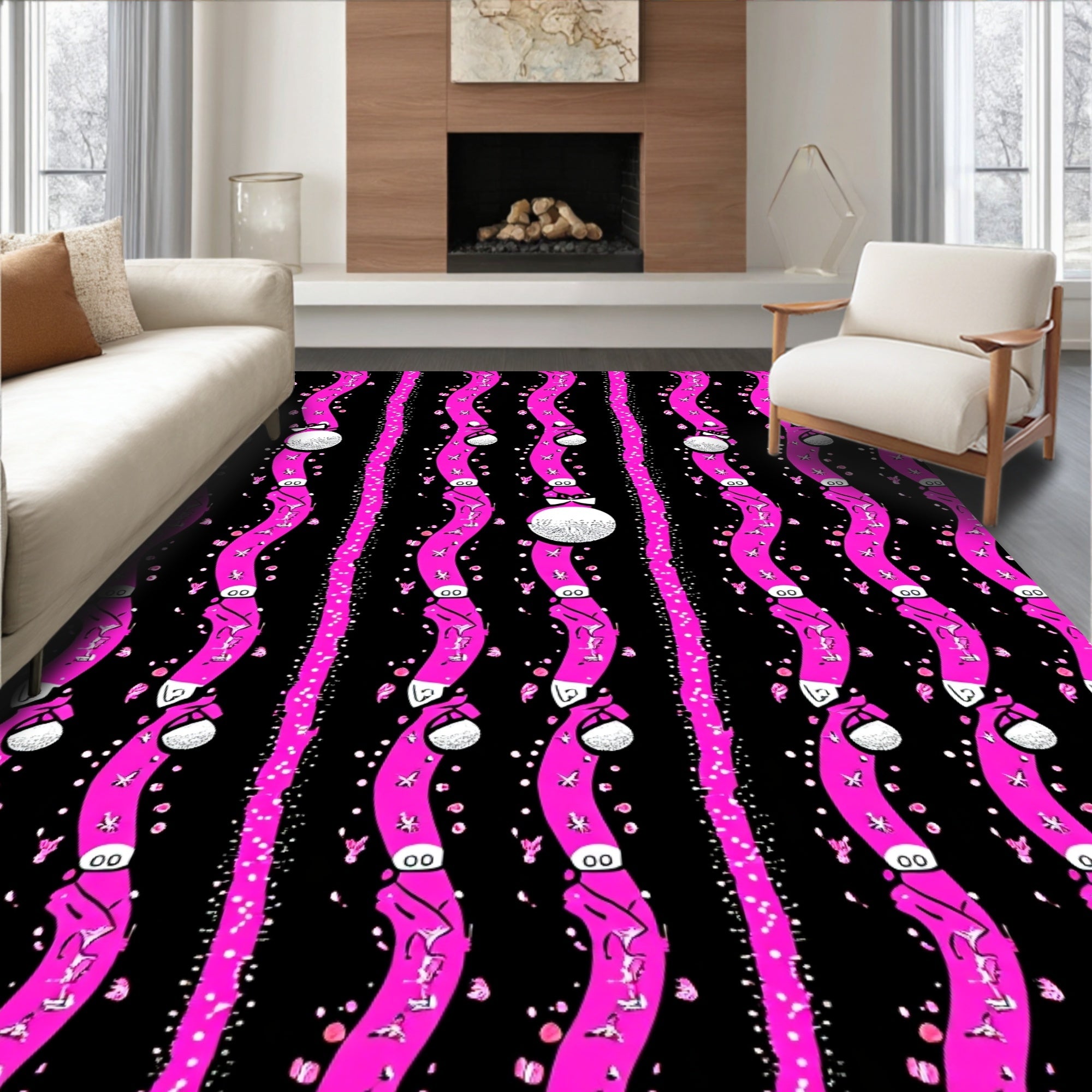 Pink Wavy Black Star Ornament Rug