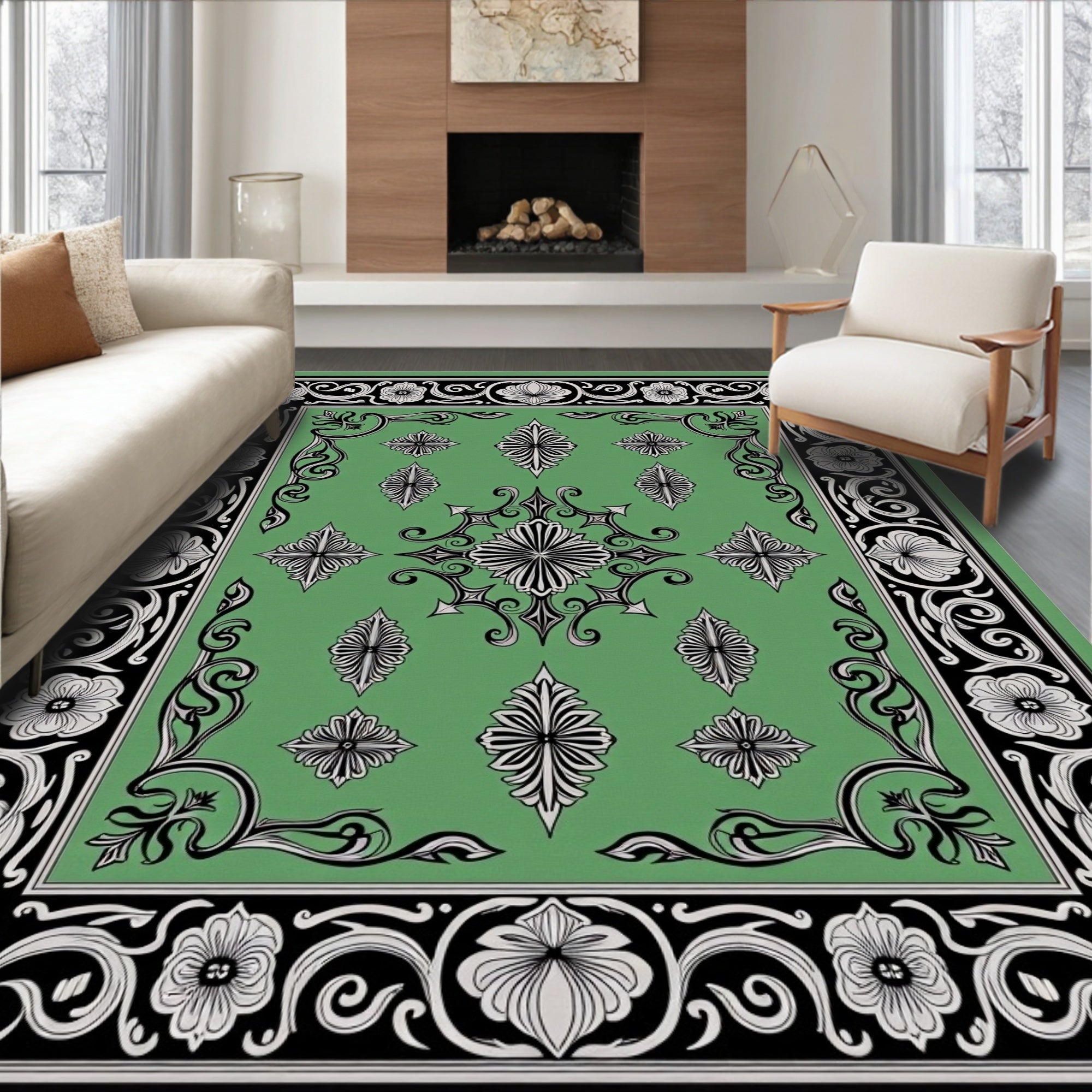 Green Floral Black Decorative Medallion Rug