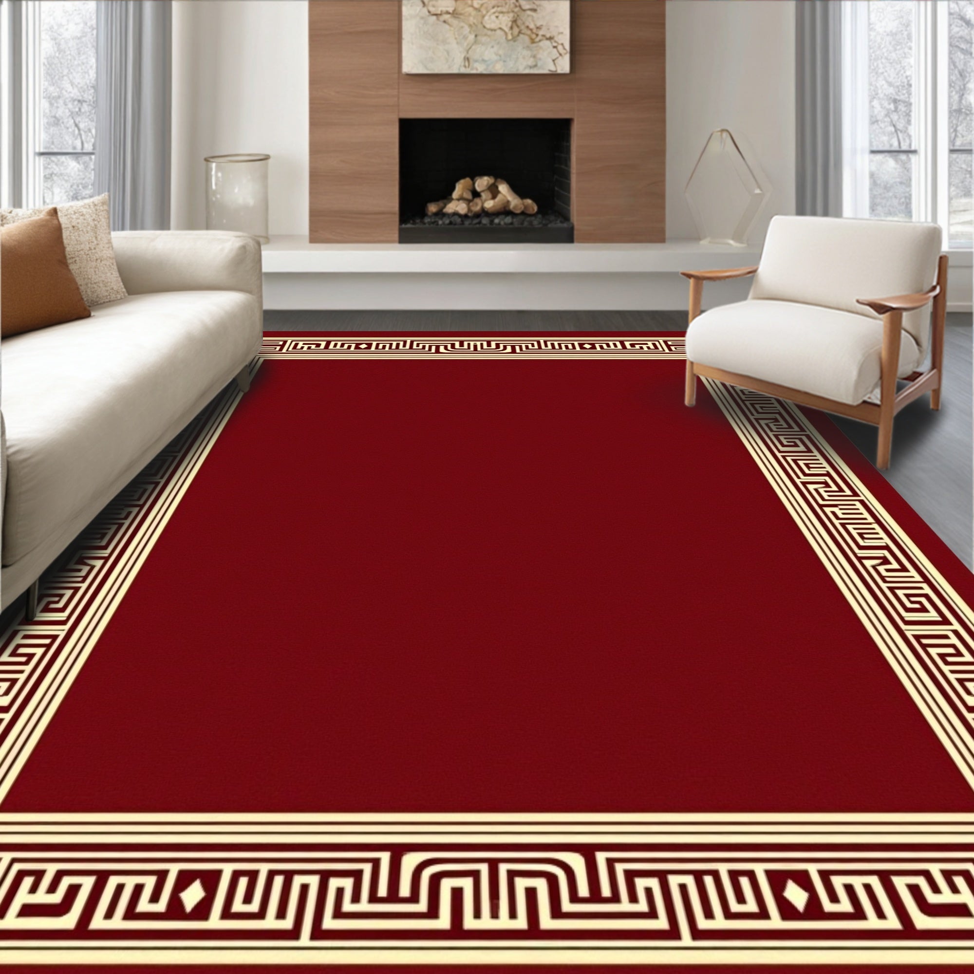 Crimson Geometric Maze Border Rug