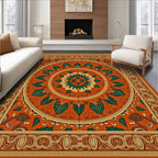 Terracotta Orange Emerald Leaf Medallion Rug
