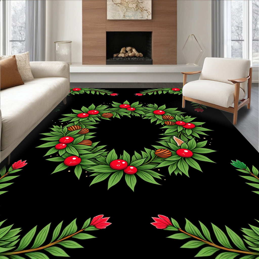 Green Leaf Red Berry Wreath Rug