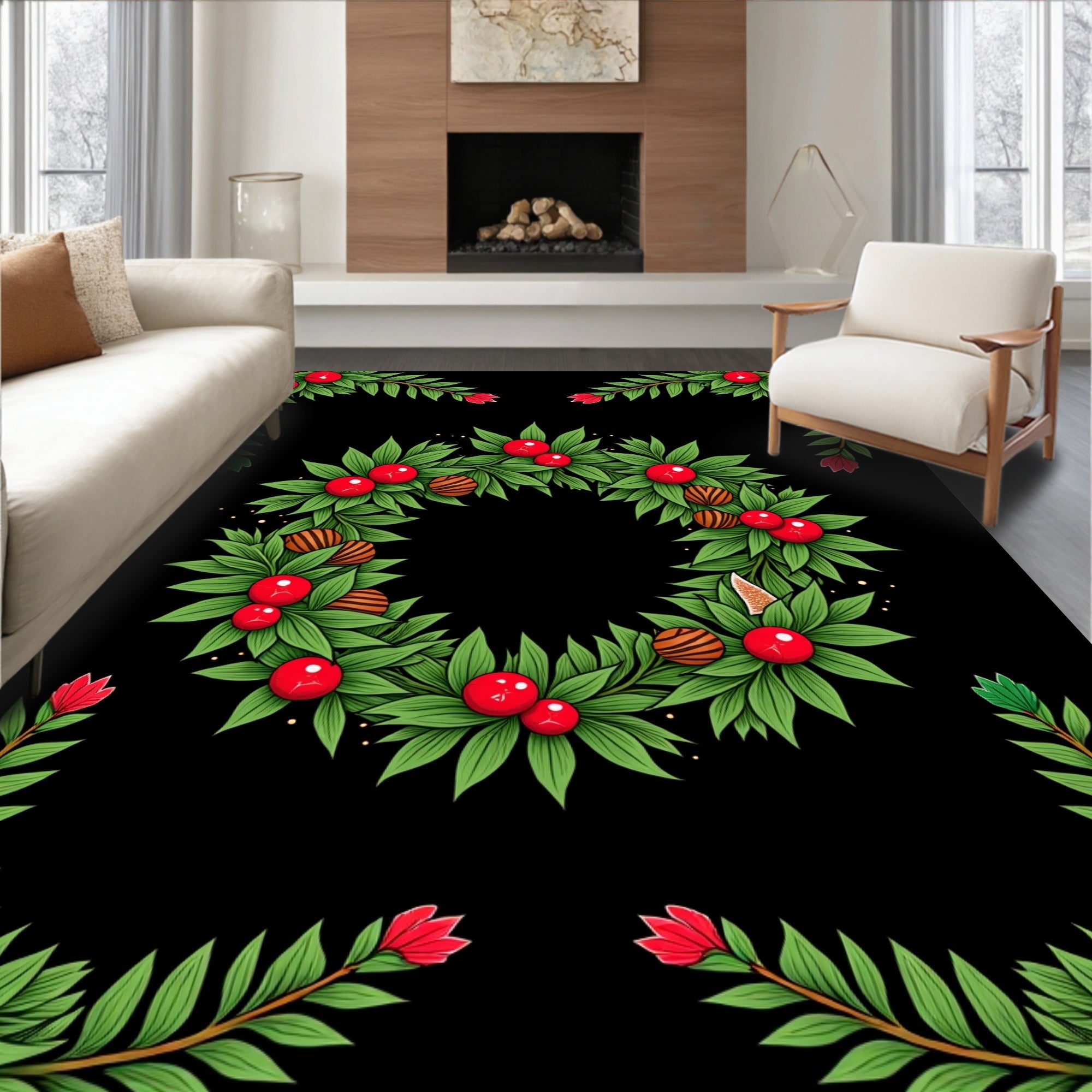 Green Leaf Red Berry Wreath Rug