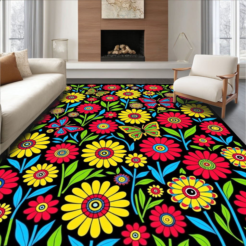 Vibrant Retro Floral Butterfly Garden Rug