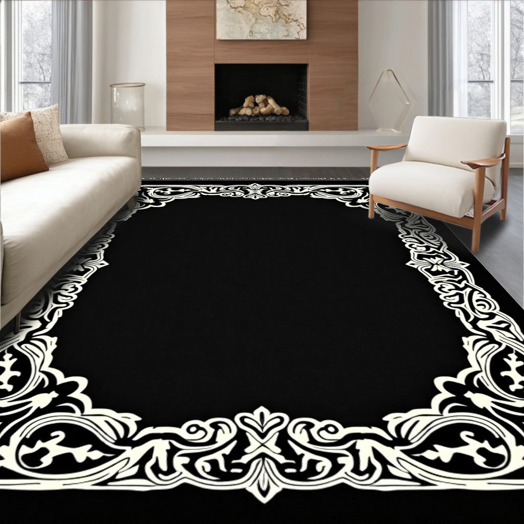 Ornate Black Ivory Scrollwork Frame Rug