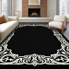 Ornate Black Ivory Scrollwork Frame Rug
