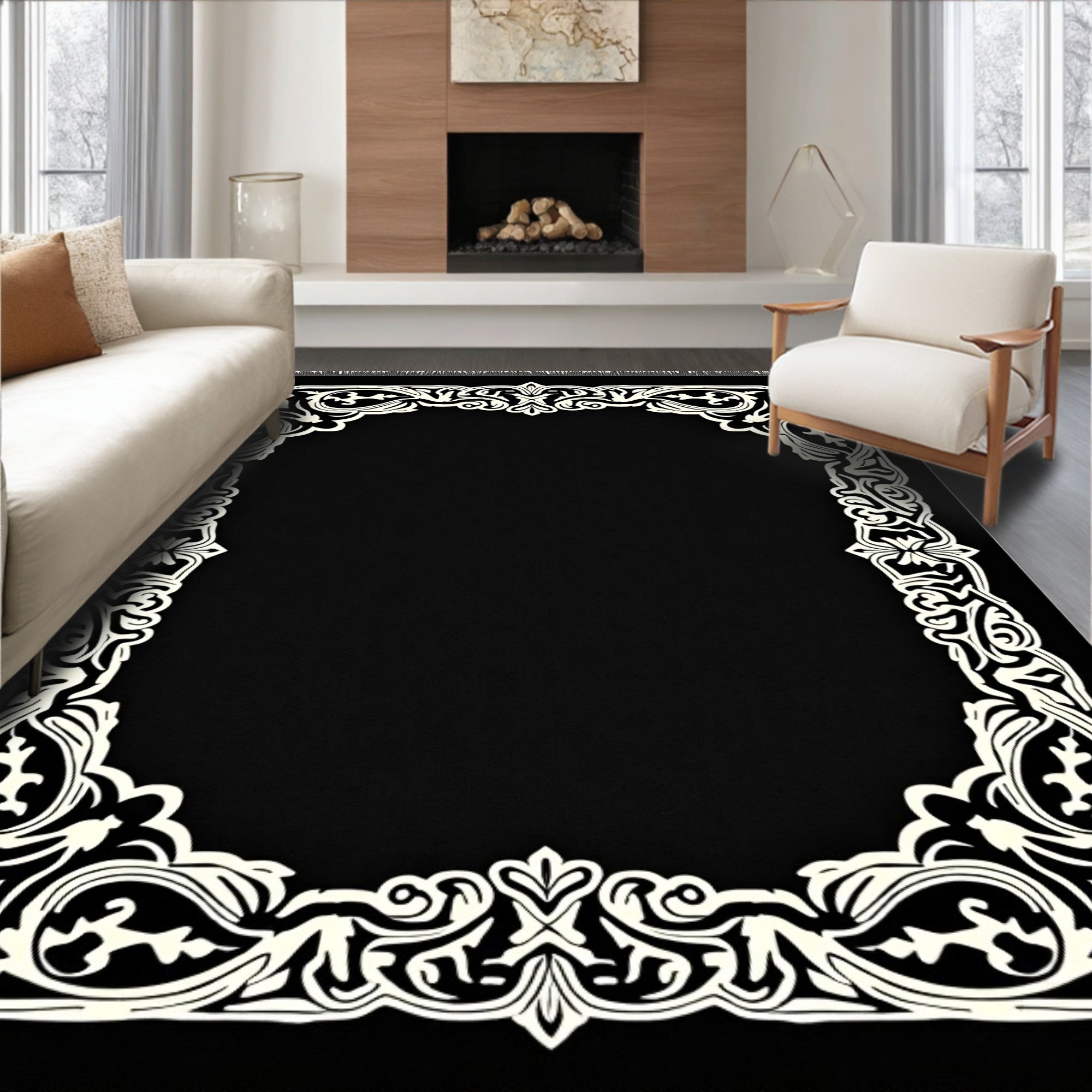 Ornate Black Ivory Scrollwork Frame Rug