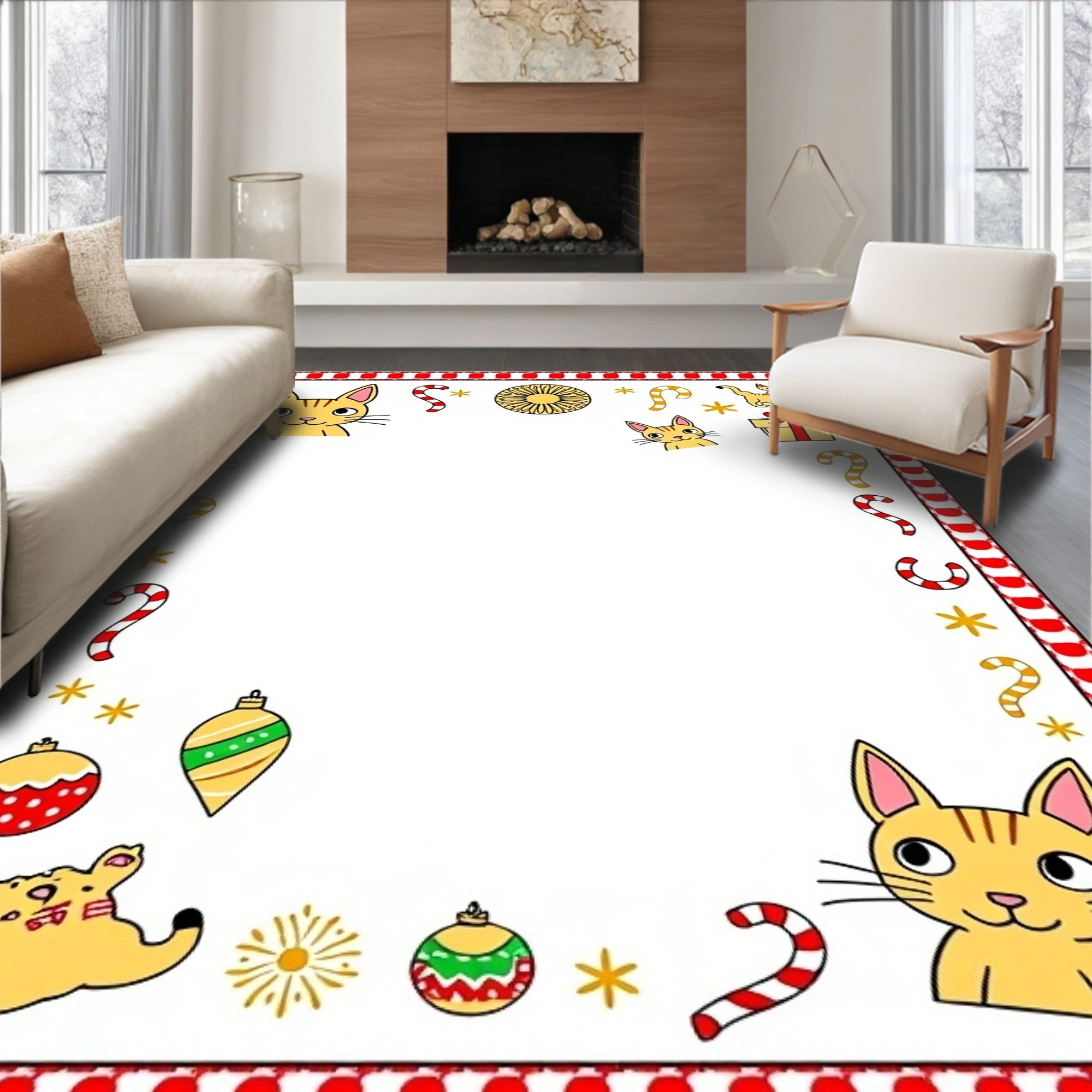 Festive Whimsical Cat Holiday Ornament Rug