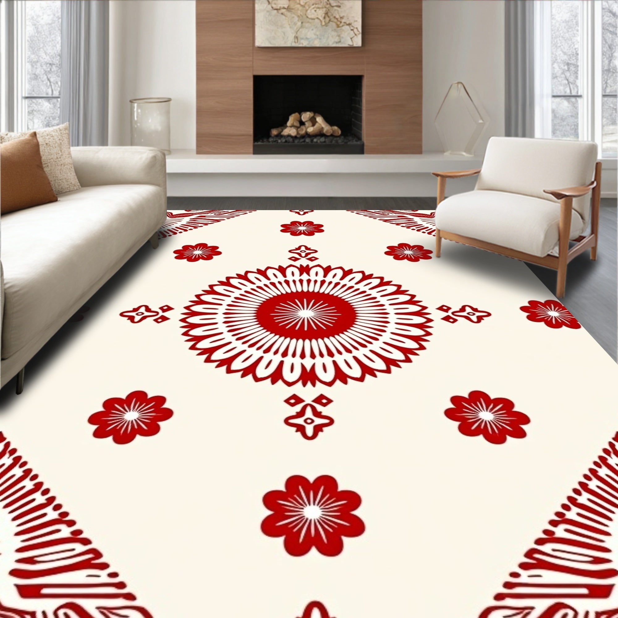 Vibrant Red Floral Mandala Cream Rug