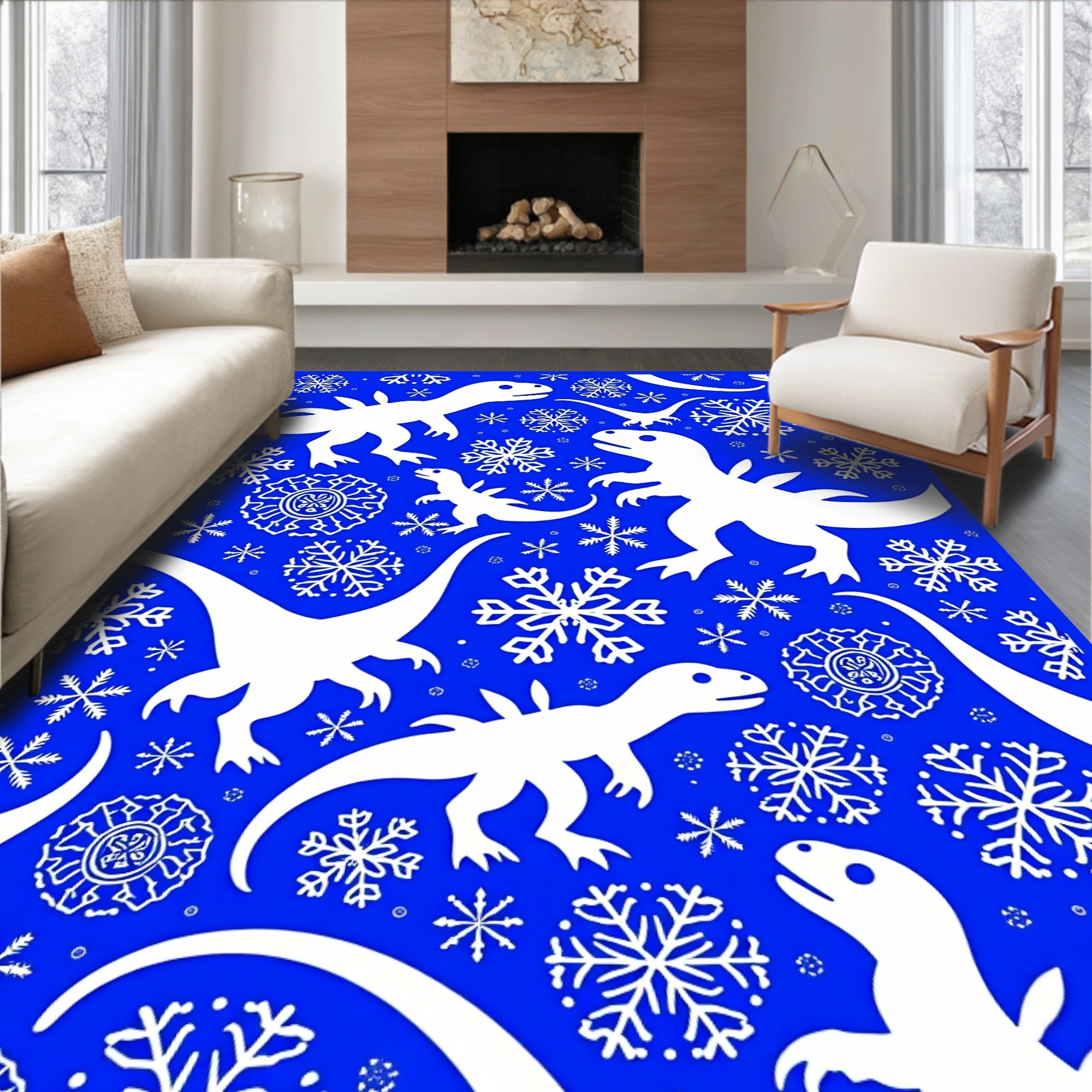 White Dinosaurs Snowflakes Blue Rug