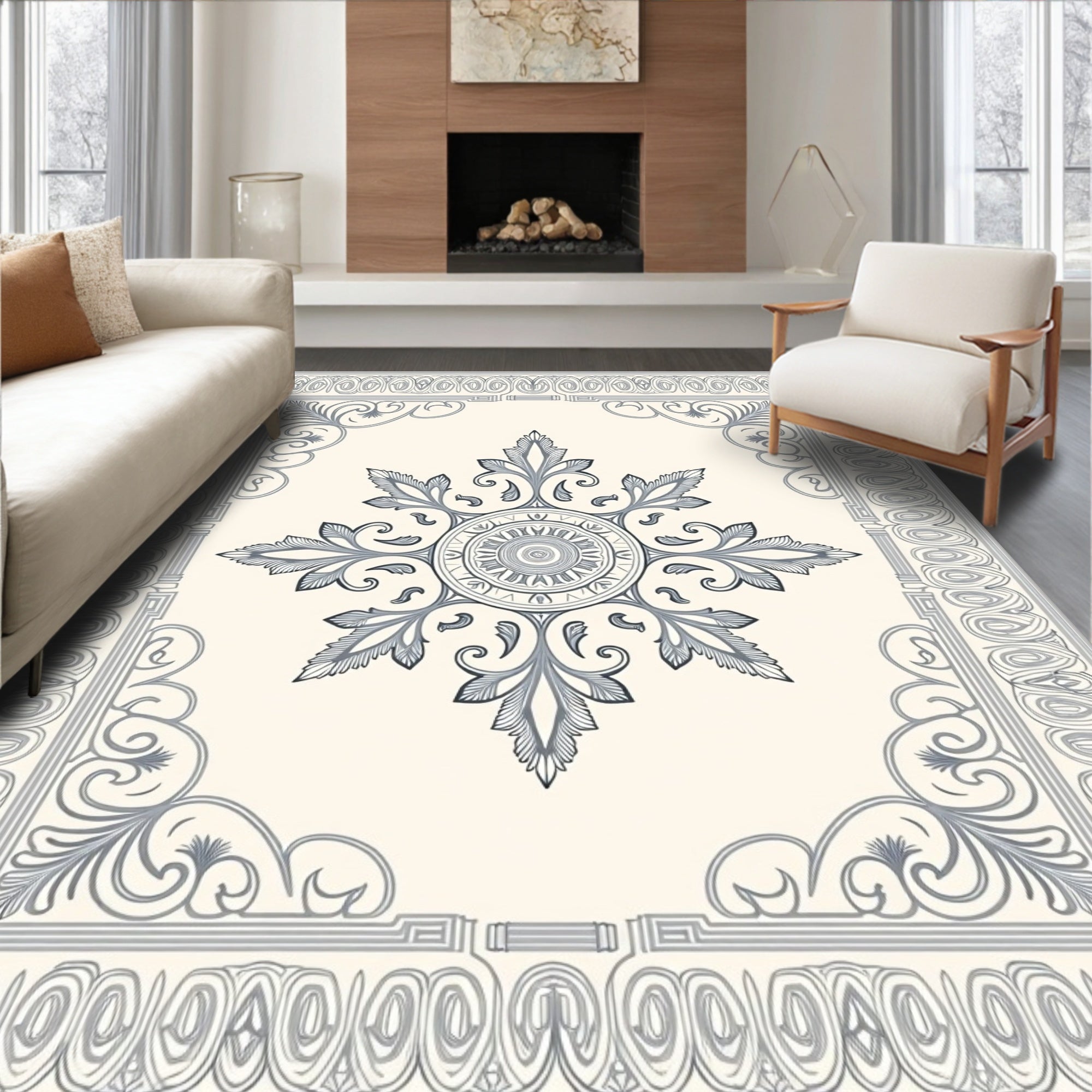 Ornate Gray Floral Medallion Border Rug