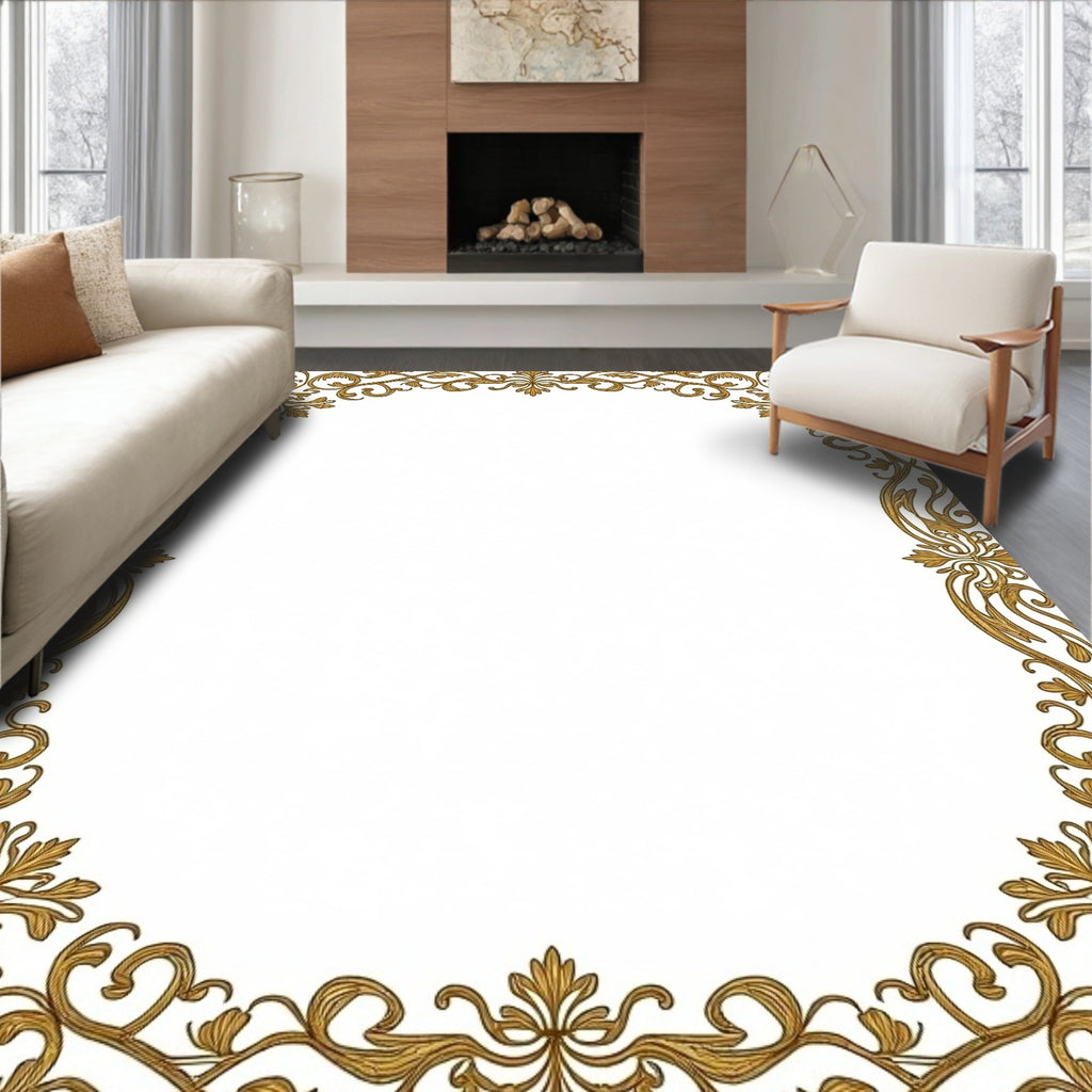 Elegant Gold Scrollwork Floral Border Rug