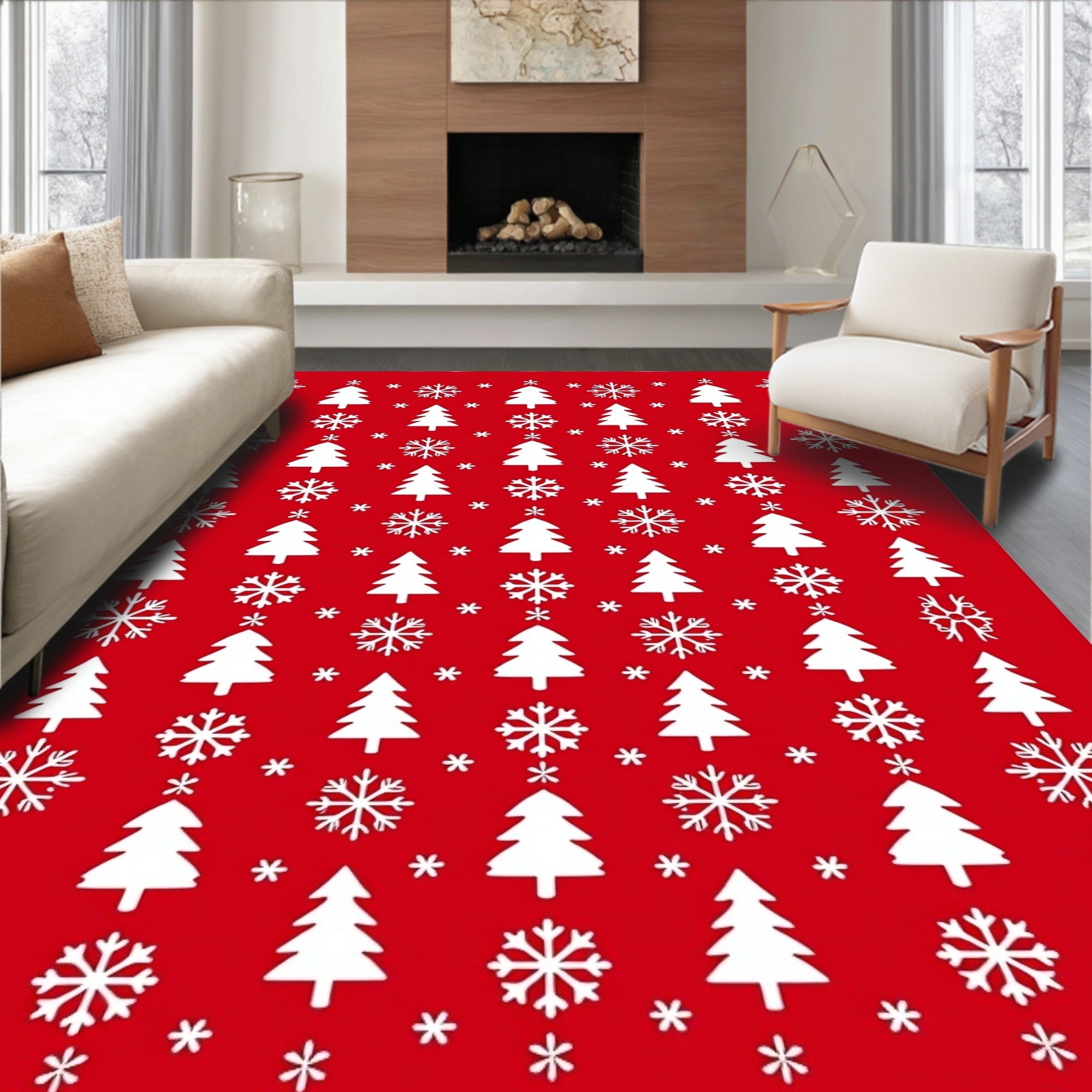 Red White Christmas Trees Snowflakes Rug