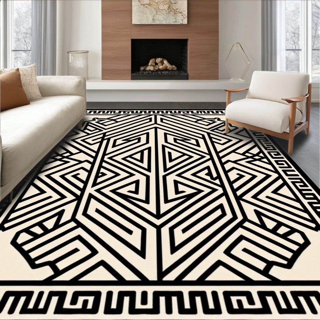 Cream and Black Geometric Tribal Rug