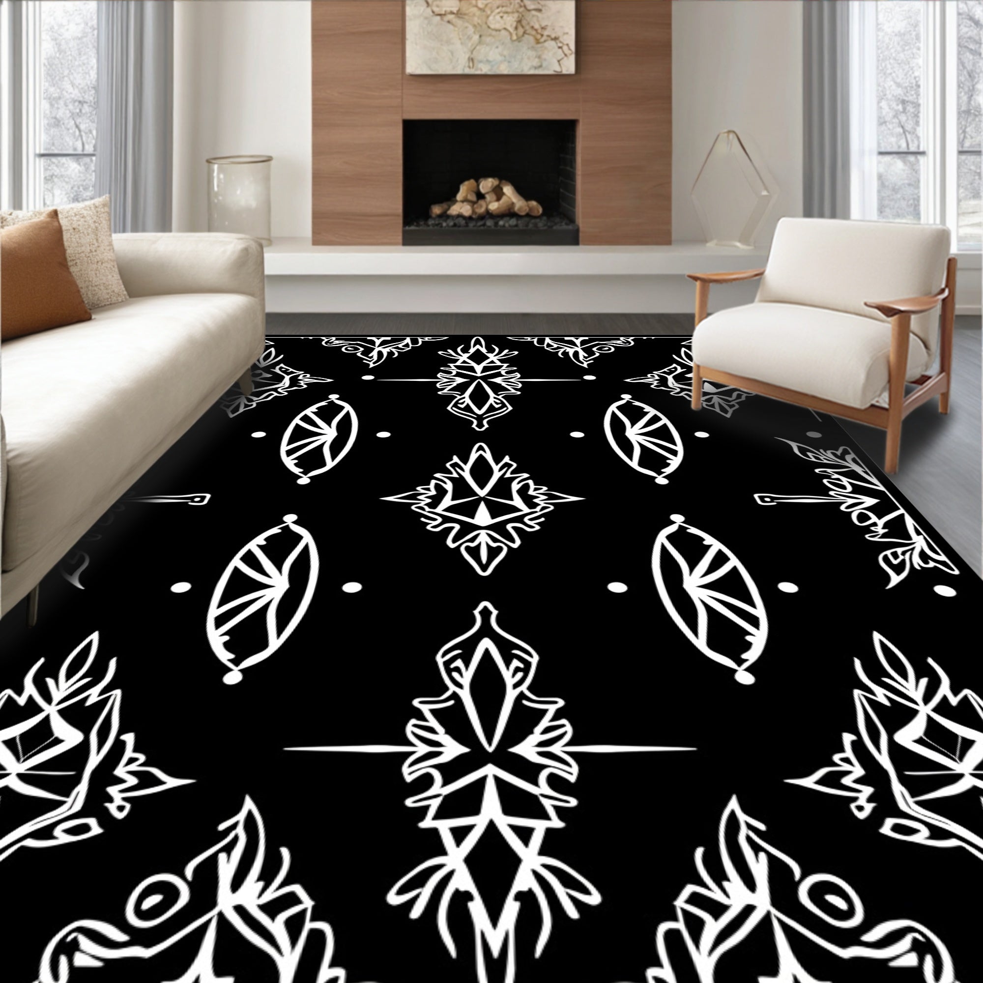 Black White Abstract Floral Medallion Rug