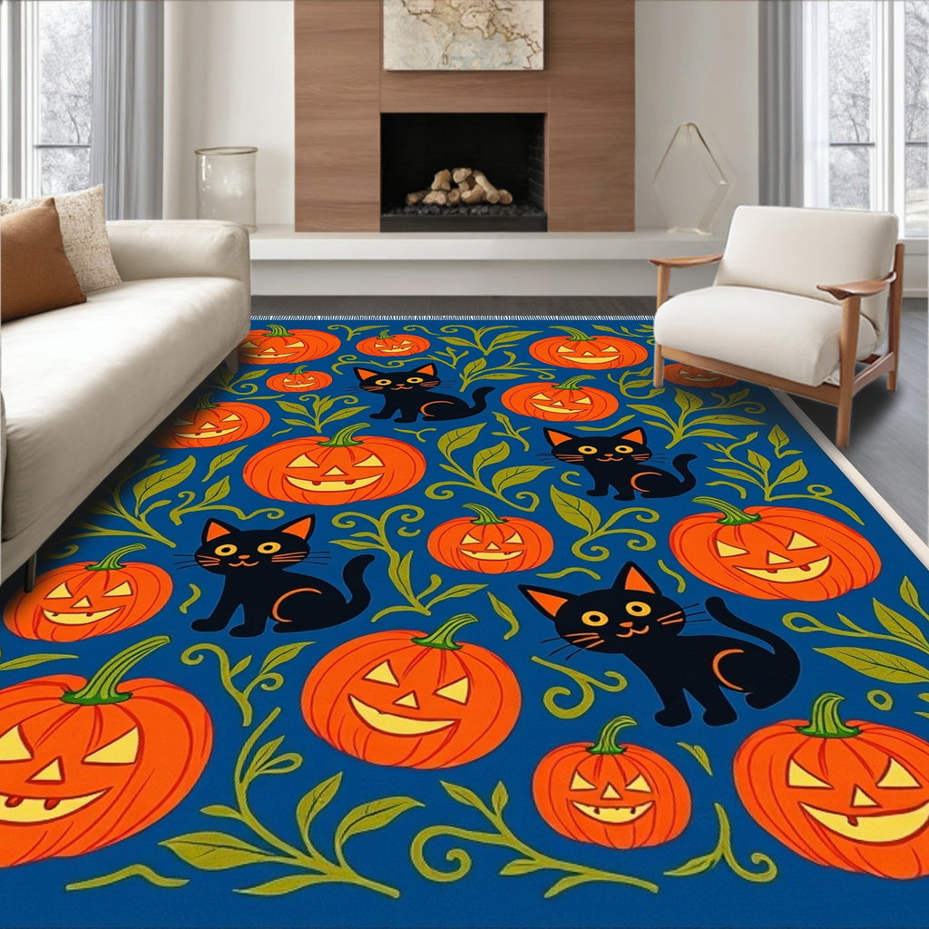 Spooky Black Cats Orange Pumpkins Blue Rug