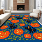 Spooky Black Cats Orange Pumpkins Blue Rug