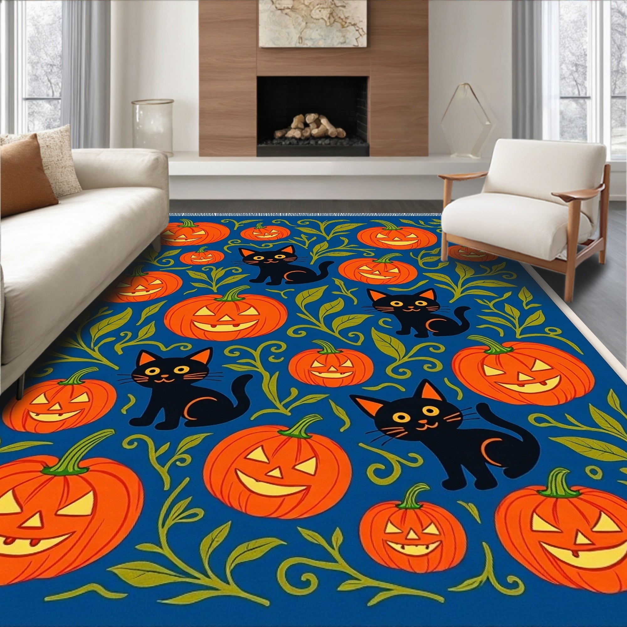 Spooky Black Cats Orange Pumpkins Blue Rug