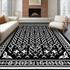 Black White Ornate Scrollwork Medallion Rug