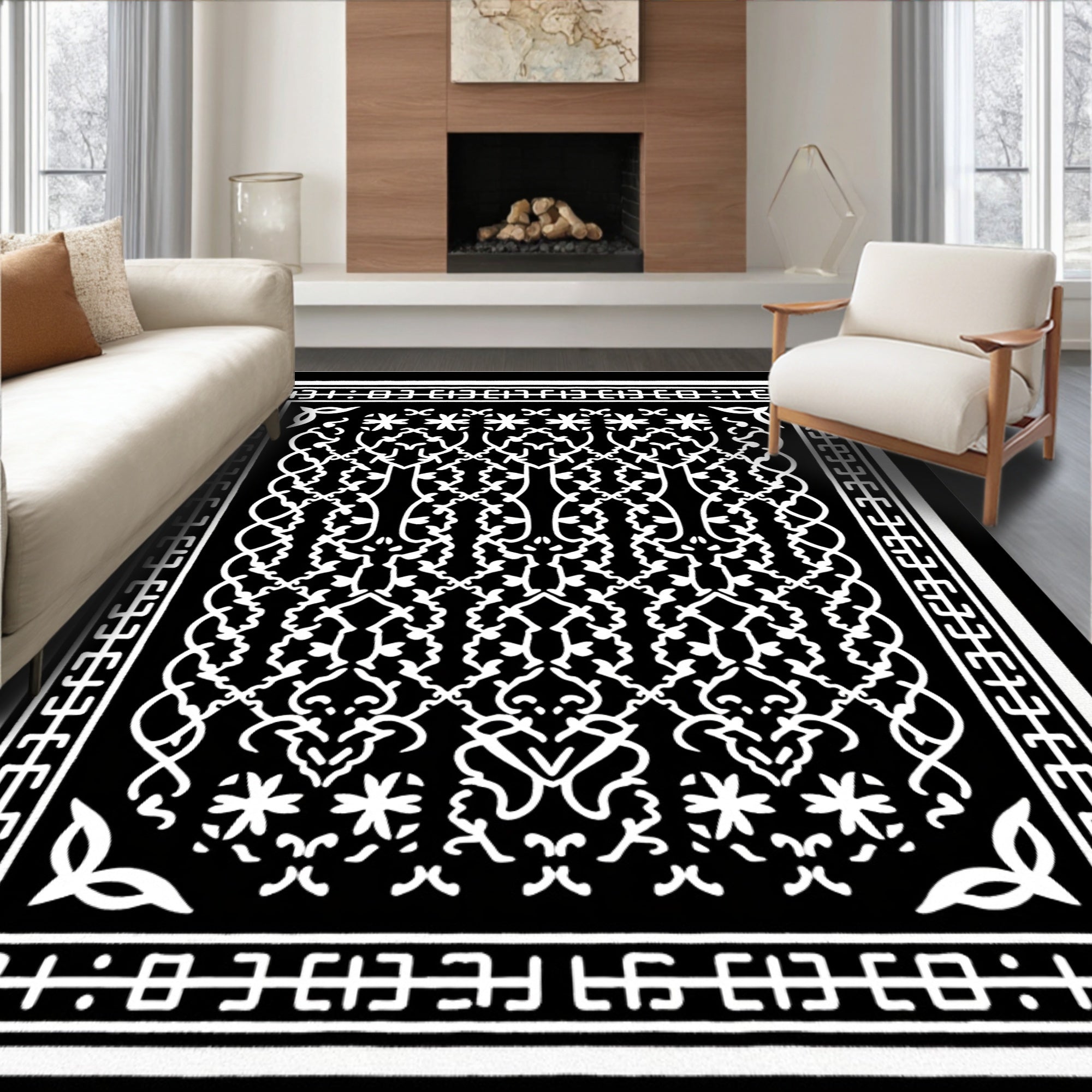 Black White Ornate Scrollwork Medallion Rug