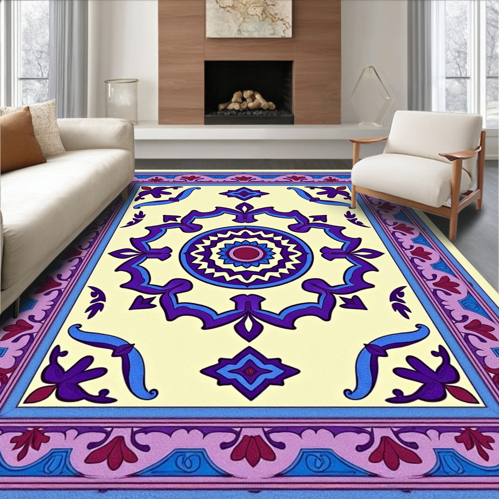 Cream Purple Blue Floral Medallion Rug