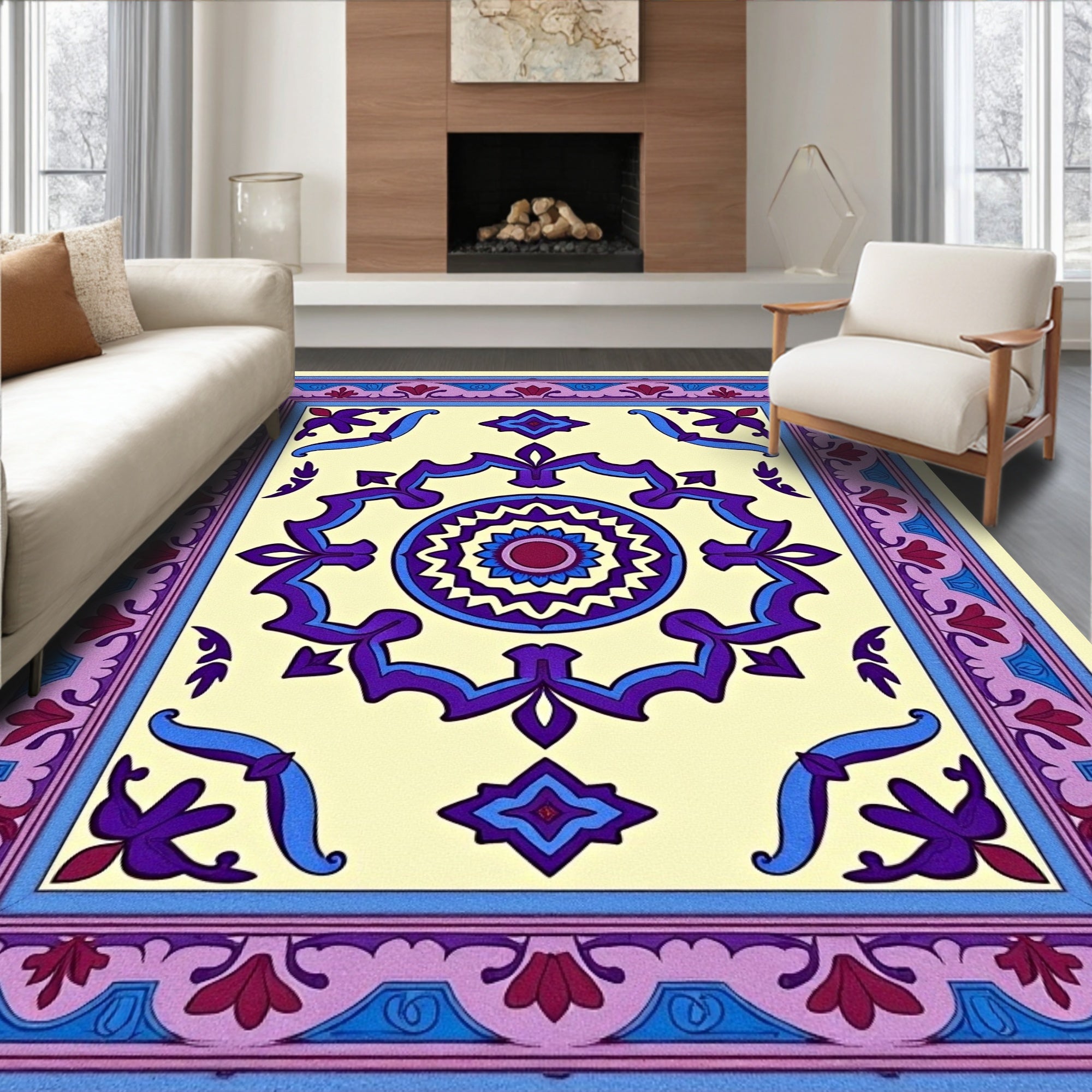 Cream Purple Blue Floral Medallion Rug