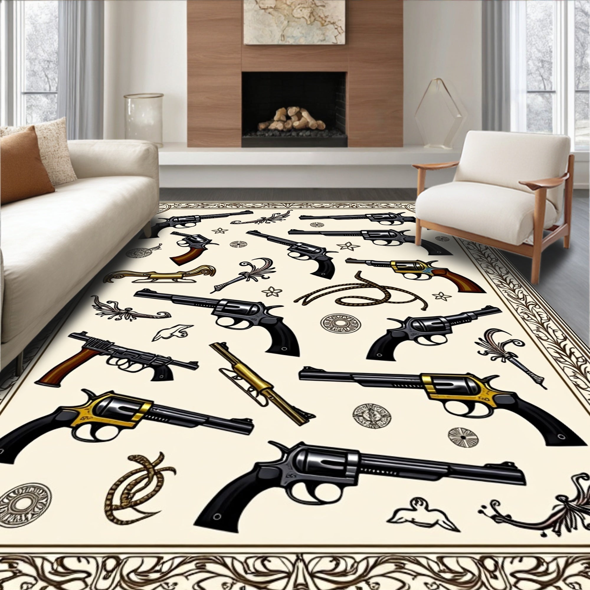 Vintage Pistol Collection In Ornate Border Rug