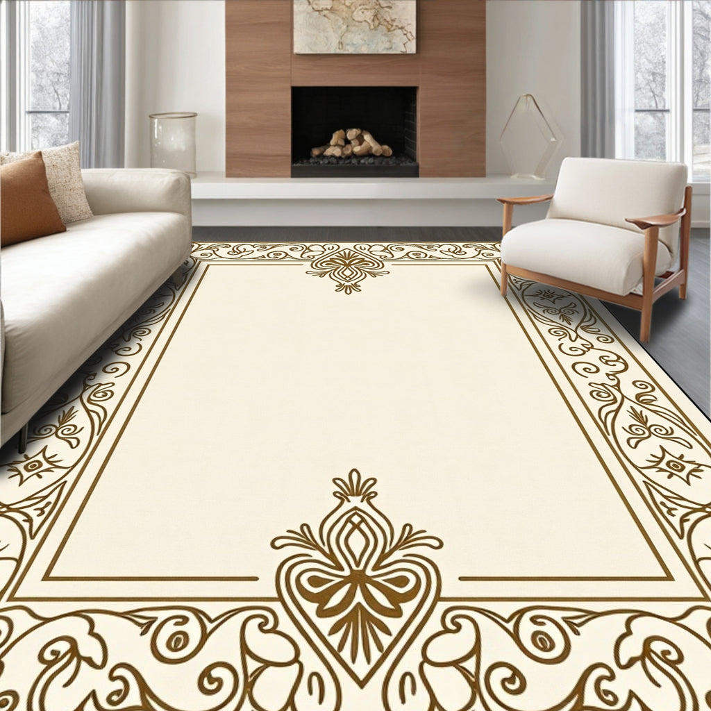 Elaborate Golden Scrollwork Decorative Frame Rug