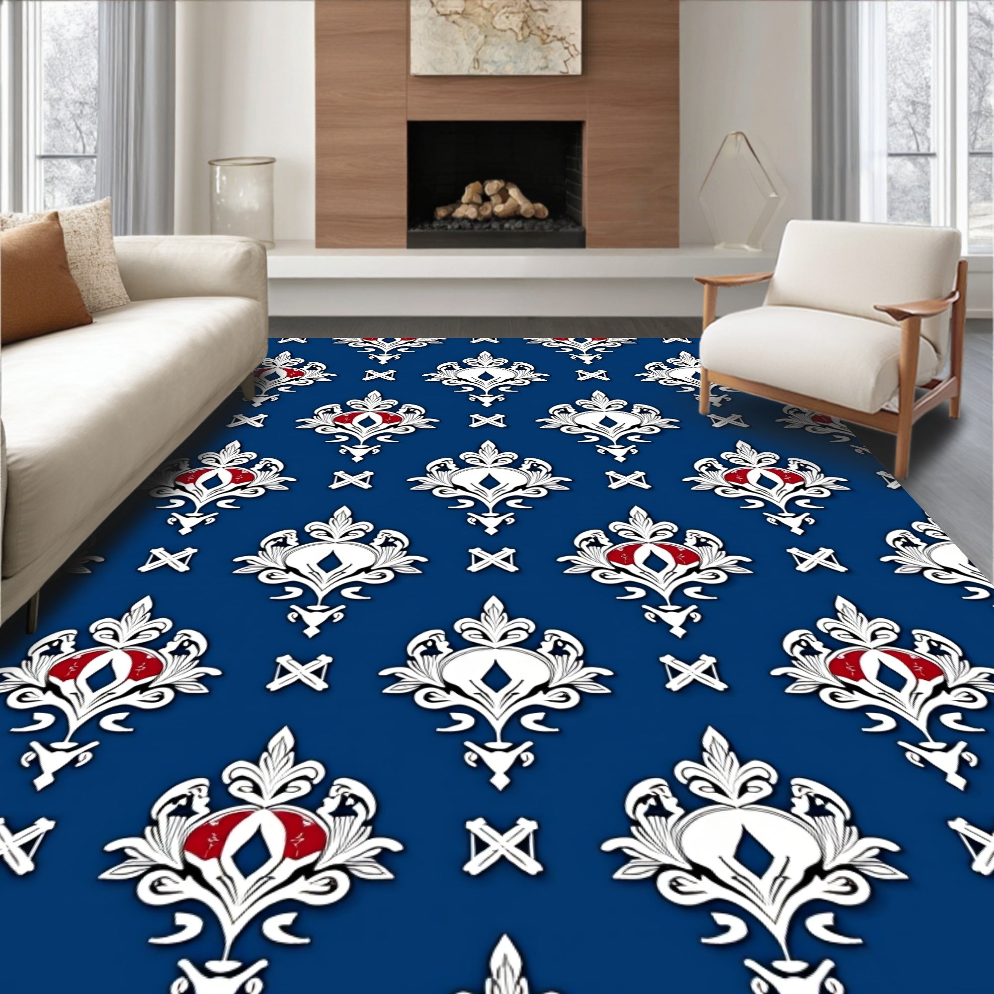 Regal White Blue Crested Medallion Rug
